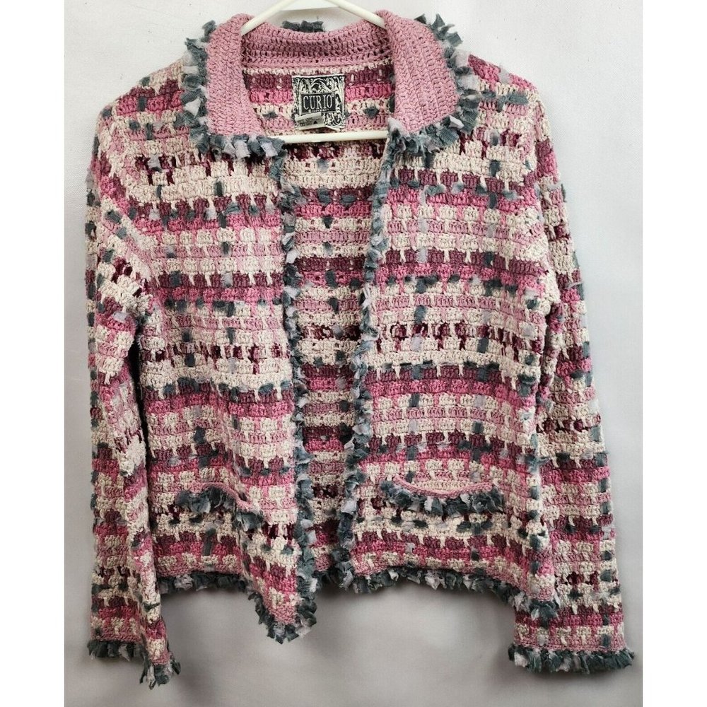Anthropologie Curio Pink Gray Fringe Crochet Collared Open Sweater Small